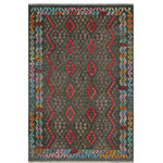 Bareens Designer Rugs - Tribal Turkish Kilim Mcmahon Hand-Woven Wool Rug - 5'10'' x 7'10'' - Elevate the elegance of your home with this stunning hand-woven tribal Kilim wool rug. Meticulously crafted on a loom by the Nomad Turkman people using hand-spun wool and 100% natural vegetable dyes, these rugs are recognized for their repetitive geometric patterns, incorporating naturalistic floral and traditional designs. The contemporary fashion palette results in bold, sharp patterns that are incredibly versatile, as the pattern is the same on both sides. These reversible rugs feature a lighter shade on one side and brighter colors on the other, providing versatility according to preference. These unique rugs are made by knotting short strands of different colors onto the warps and securing them by tightly pressing the wefts. The designs are created by interweaving the various colored wefts and warps. Kilims are known for their exceptional durability and versatility, making them truly unique rugs.  Product Details    Rug Size: 5'10'' x 7'10''  Material: 100% Wool  Style: Kilim, Flat Weave, Dhurrie, Turkish, Southwestern, Rustic, Tribal  Colors: Grey, Red  Weave Type: Hand-Woven, Handmade  Pile Height: Less than 0.25 inch