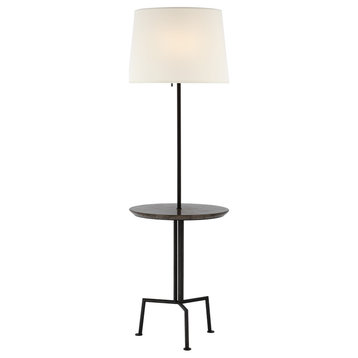 Tavlian Large Tray Table Floor Lamp in Aged Iron and Gray Marble with Linen Shad