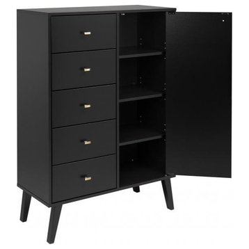 Retro Dresser, 5 Drawers & Cabinet Door With Brushed Brass Pulls, Black