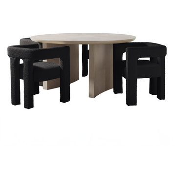 Mandy 5pc Round Dining Set, Weathered Beige with Black Boucle Chairs
