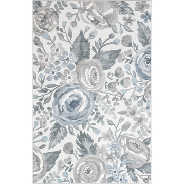 nuLOOM Machine Washable Avis Floral Stain Repellent Area Rug, Ivory 4' x 6'