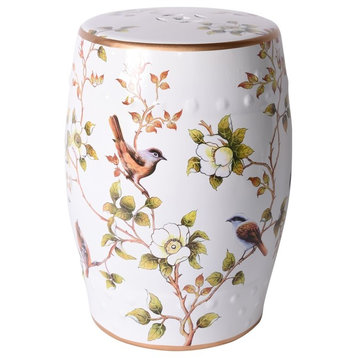 White Garden Stool with Floral and Bird Motif