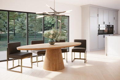 Design ideas for a large modern open plan dining room in Other with light hardwood flooring and feature lighting.