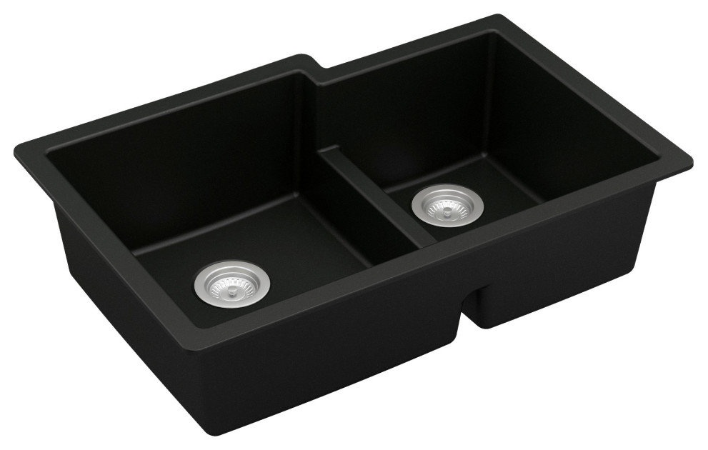 Karran 32" Undermount Large/Small Bowl Quartz Kitchen Sink, Black
