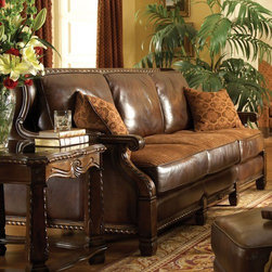 AICO Furniture - Windsor Court Sofa and Loveseat Set in Brown Leather and Brick - Fabric