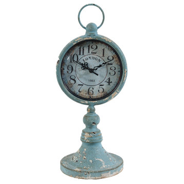 Benzara Decorative Table Clock, Iron, Vintage Inspired Design, Aqua Blue