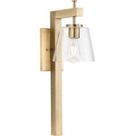 Progress Lighting - Saffert Collection 7-1/2" 1-Light Vintage Brass Clear Glass Bath Vanity Light - Embrace modern urban style with a wall sconce light from the Saffert Collection. A stoic beam-style frame coated in a beautiful vintage brass finish is punctuated by crisp, clear glass shades. Part of the Design Series Collections offering high style and design.