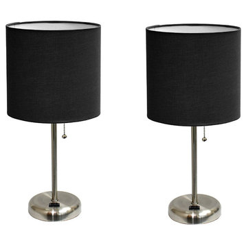 Blk Brushed Steel Lamp With Charging Outlet and Shade, Black, Pack of 2