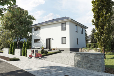 Großes, Zweistöckiges Klassisches Einfamilienhaus mit Putzfassade, weißer Fassadenfarbe, Walmdach, Ziegeldach und schwarzem Dach in Stuttgart