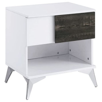 Modern End Table, Chrome Feet With Storage Drawer, White & Distressed Dark Oak