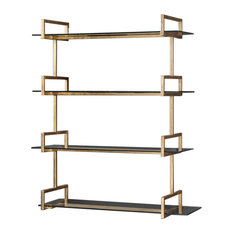 Iron Glass Wall Shelf Antiqued, Gold Metal Vintage Style 4 Shelves