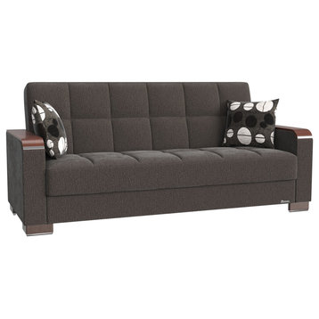 Modern Sleeper Sofa, Wood Accented Arms, Gray Chenille