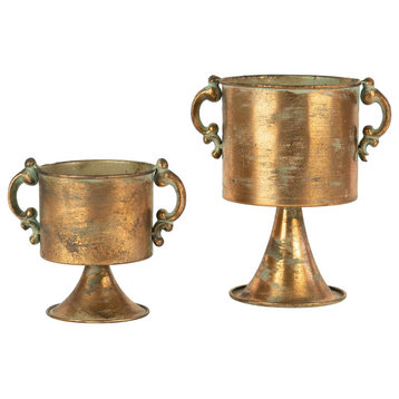 2-Piece Set Rustic Antique Copper Finish Metal Floral Urn Handles Container Vase