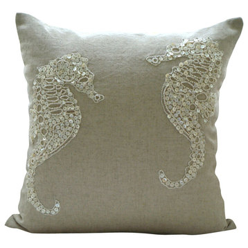 Sea Horse Ecru Shams, Cotton Linen 24"x24" Pillow Shams, Sea Horse Pearls