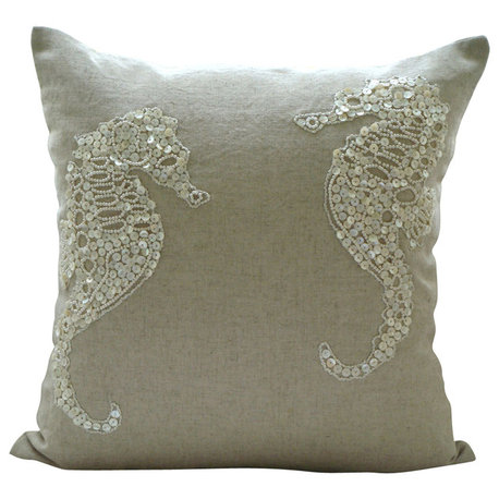 Sea Horse Beige Cotton Linen 18"x18" Pillow Covers, Sea Horse Pearls