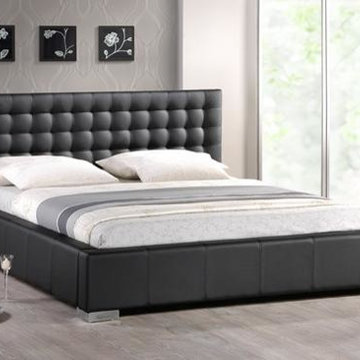 Madison - Black Faux Leather Modern Bed with Upholstered Headboard