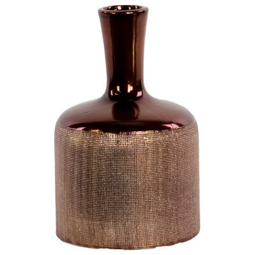 Ceramic Round Bottle Vase With Engraved Criss Cross Design, Copper, Small