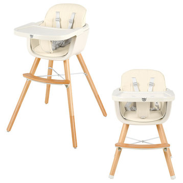 Babyjoy 3 in 1 Convertible Wooden High Chair Baby Toddler W/ Cushion Beige