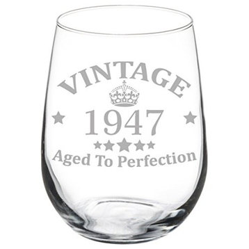 Wine Glass Goblet 70th Birthday Vintage Aged to Perfection 1947, 17 Oz Stemless