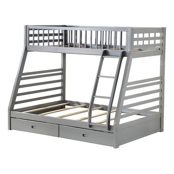 Modern Twin Over Twin Bunk Bed, 2 Lower Drawers for Extra Storage, Gray
