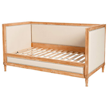 Twin Size Daybed, Panel Headboard And Square Arms With Nailhead Trim, Cream/Oak