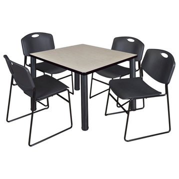 Kee 42" Square Breakroom Table, Maple/ Black and 4 Zeng Stack Chairs, Black