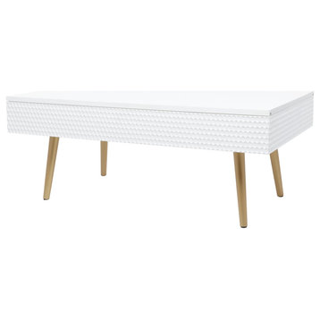 Elegant Coffee Table, Unique Design With Geometric Accents & Golden Legs, White