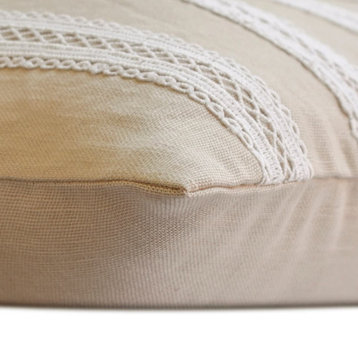Decorative Beige Linen 12"x18" Lumbar Pillow Cover Lace, Striped - Lace Serenade