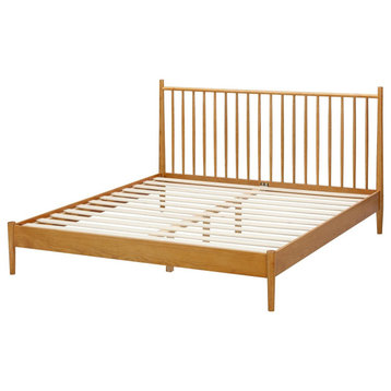 Midcentury Platform Bed, Oak Wood Frame With Spindle Headboard, Rustic Oak/Queen