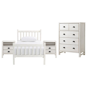 Windsor 4-Piece Wood Bedroom Set With Slat, Driftwood White, Twin