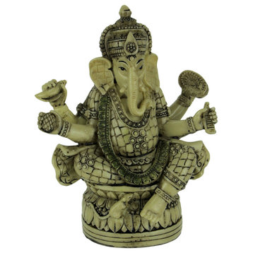Lord Ganesha Sitting On Lotus Flower Holding Sacred Objects Statue