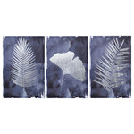StyleCraft - Indigo Shade Leaf Motif Canvas Wall Art, 48"Wx24"H Set of 3 - The StyleCraft Leaf Motif Canvas Wall Art (Set of 3) includes three watercolor art pieces with silver leaf botanicals that are printed on with a foil material. Brighten up your bedroom, office, or living room with this vibrant wall decor.