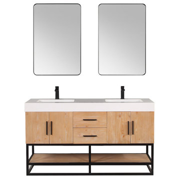Bianco Bathroom Vanity Composite Stone Top, Light Brown/Matte Black, 60", With Mirror