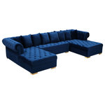 Meridian Furniture - Presley Velvet 3-Piece Sectional, Navy - Get ready to relax after a long day with this Presley Navy Velvet 3pc. Sectional from Meridian Furniture. Featuring rich navy velvet upholstery with deep tufting and comfy pillows, this double chaise sectional provides a luxurious, cozy space to kick back and watch TV, take a nap, or curl up with a nice book. Complete sets of gold and chrome legs complement your contemporary home decor while providing solid support for the sectional's frame.