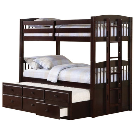 Rosebery Kids Twin Over Twin Bunk Bed with Trundle in Cappuccino