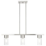 Livex Lighting - Livex Lighting 48763-91 3 Light Brushed Nickel Linear Chandelier - Livex Lighting 48763-91 3 Light Brushed Nickel Linear Chandelier. Style: Contemporary, Minimal, Sleek, Scandinavian, Clean. Collection: Carson. Finish: Brushed Nickel. Material: Steel. Dimension(in): 30"(L) x 4.5"(W) x 45" (H). Bulb: (3)60W Medium Base(Not Included). Glass Type/Shade Type: Clear Glass. Glass/Shade Dimension(in): 3.125" Dia x 6" H. Wire(if): 8'. Canopy Size(in): 7" L x 4.5" W x .75" H. Uplight Or Downlight: No. ADA Compliant: No. Suitable For Dry Locations: Yes. Suitable For Damp Locations: Yes. Suitable For Wet Locations: No.