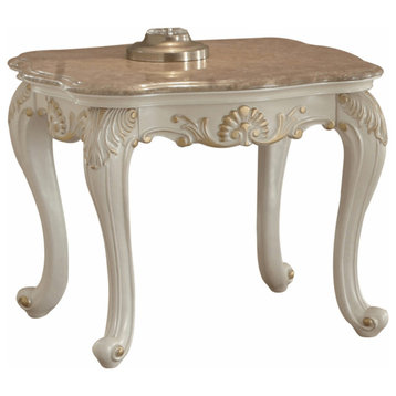 24" Pearl White Brushed With Gold Accents And Light Brown Marble End Table