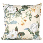 Studio Design Interiors - Magnolia Garden 90/10 Duck Insert Pillow With Cover, 20x20 - Lovely magnolias bloom in soft white on a backgound of vanilla damask, accented by pastel blues and forest greens, with just a bud of soft orange and red. Finished with a vanilla linen back. Delightful.