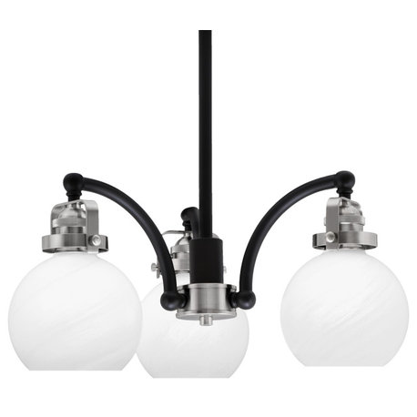 Easton 3 Light Chandelier, Matte Black & Brushed Nickel, 5.75" White Marble