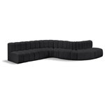 Meridian Furniture - Arc Vegan Leather Upholstered 7-Pc. S-Shaped Modular Sofa, Black - Unleash modern opulence with the Arc Vegan Leather 7pc. Sectional. Crafted for the modern connoisseur, this Sectional injects an air of refined luxury into any space. Its sleek silhouette, upholstered in supple black vegan leather, exudes timeless sophistication while the deep channel tufting adds textural intrigue, further elevating the chair's visual appeal. The modular design makes it a versatile chameleon, effortlessly adapting to your evolving needs and preferences. Whether you envision it gracing a chic living room corner, basking in the glow of a bedroom window, or adding a touch of drama to a home office, the Arc seamlessly complements your unique interior aesthetic.