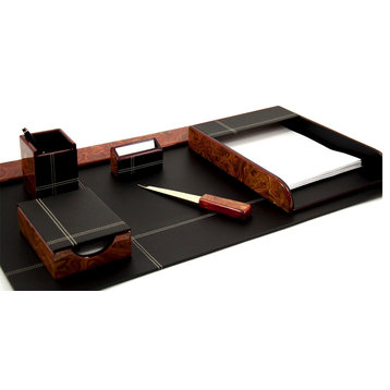 6-Piece "Burl" Wood and Black Leather Desk Set