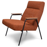 Gingko - Melbourne Lounge Chair, Spice - This mid-century modern lounge chair delivers on the perfect combination of cool mod style with well-cushioned seat and back for comfort that will surprise! The design is a perfect balance of well-padded cozy upholstery, cool modern black steel legs and a touch of nature with the solid walnut armrests