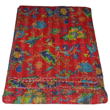 Indian Handmade Floral Print Queen Cotton kantha Quilt