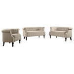 Rosevera - Celestia 3-Piece Living Room Set, Beige - Featuring this elegant 3 piece living room set, this statement piece simply adds a luxurious feel to almost any room. Skillfully handcrafted with soft curve and detail dual nail head trim chesterfield arms. It also tailors with fabric wrapped in finely threaded linen upholstery professionally made with quality and comfort surrounding. Styled upholstered diamond tufted button accents on the interior and match base turned solid feet in dark espresso finishes. This charming piece is a good addition for a gathering. Not only will this gorgeous upholstery transform your living space, it will also provide you and your loved ones a royalty seat in your home.
