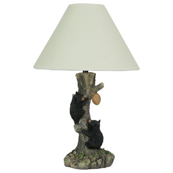 Rustic Black Bear Cubs Climbing Tree For Honey Table Lamp Beige Fabric Shade
