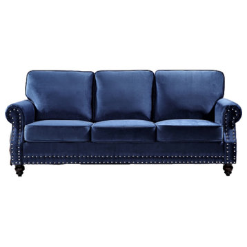 Traditional Sofa, Velvet Seat & Rolled Arms With Nailhead Accents, Dark Blue