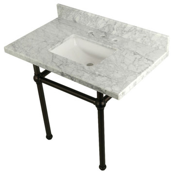 36X22 Marble Vanity Top w/Brass Console Legs, Carrara Marble/Oil Rubbed Bronze