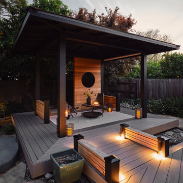 Stylized Deck Bridge Leading to a Tranquil Pavilion