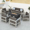 GDF Studio Coral Bay Outdoor Aluminum 7 Seater Chat Set with Fire Pit, Dark Gray