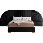 Meridian Furniture - Cleo Velvet Upholstered Bed With Custom Gold Steel Legs, Black, King - Enjoy sweet dreams in this beautiful Cleo black velvet king size bed. The tall, luxurious velvet headboard is upholstered in a channel-tufted style, flanked by removable fan-shaped side pieces. The footboard and rails are comfortably upholstered in soft black velvet as well, with gold steel legs supporting the frame. Matching pieces are available in the same collection, allowing you to complete the contemporary style of this look for an elegantly glamorous bedroom.